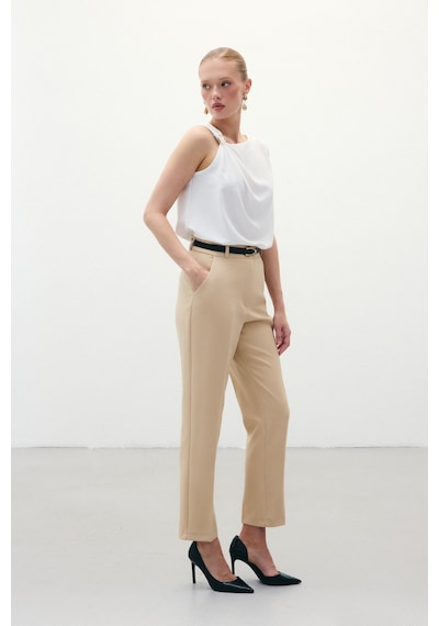 Sateen Kemerli Pantolon - Koyu Bej-136320 Koyu Bej