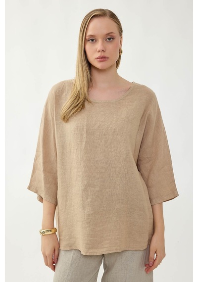 Vitrin %100 Keten Geniş Yaka Oversize Kısa Kol Bluz Bej