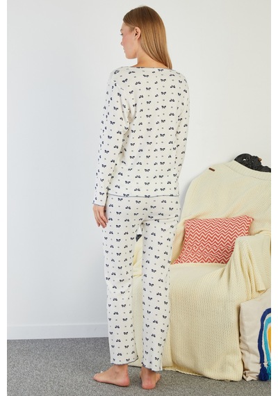 Fullamoda Fiyonk Desenli V Yaka Pijama Takımı Lacivert