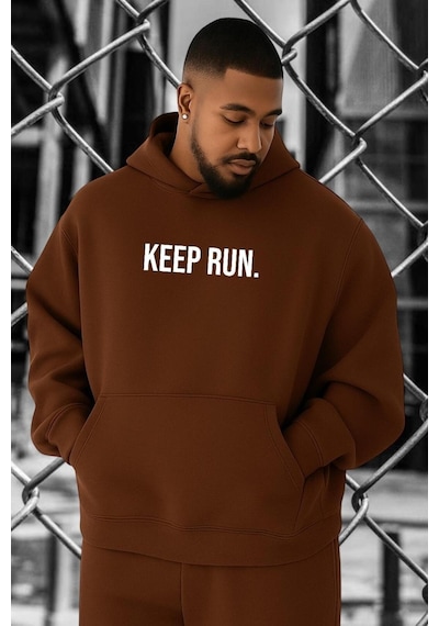Benroma 3 İplik Penye Keep Run Baskılı Büyük Beden Sweatshırt Kahverengi