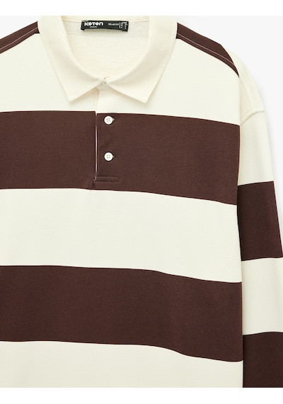 Koton Uzun Kollu Rahat Kalıp Çizgili Düğmeli Polo Yaka Sweatshirt Bordo Çizgili 7wam70058mk