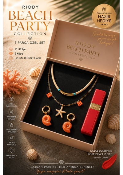 Riody Beach Party Collection Yaz Kombin Seti 2'li Kolye 2 Küpe D&g Lip Bite 03 Fizzy Coral Turuncu