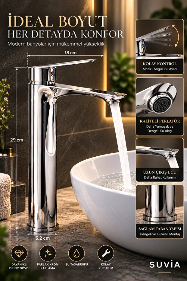 Lavabo Bataryası Yüksek Gövde Krom Çanak Lavabo Musluğu Sıcak Soğuk Su Bataryası