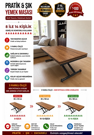 Yan Baştan Açılır Akıllı Masa Üst Tabla Mdf Yüksekliği Ayarlanabilir Ceviz
