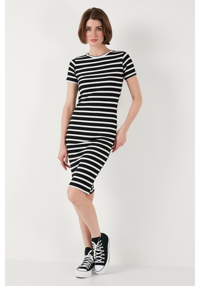 Lela Slim Fit Çizgili Pamuklu Bisiklet Yaka Kısa Kollu Midi Bayan Elbise 5865700 Siyah-Beyaz