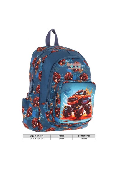 Kaukko Kids Üç Bölmeli Yeşil Kırmızı - Arazi Aracı Baskılı Erkek Çocuk Okul Ve Günlük Sırt Çantası - L5282 Yeşil - Kırmızı