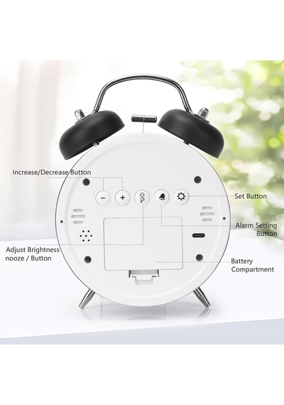 Çift Çanlı Dijital Alarm Saati 70db Yüksek Sesli, Led Ekranlı, Sıcaklık Ve Tarih Gösterimli, Sessiz Çalışma, Gece Işıklı, Sesle Kontrol, Retro & Modern Tasarım Hl-8891a - Siyah Diğer