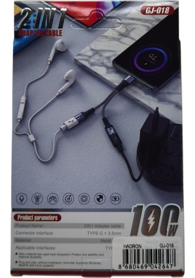 Gj-018 Type-c- M To 3.5mm F + Type-c F Kablo 100w Siyah Örgülü 1 Adet