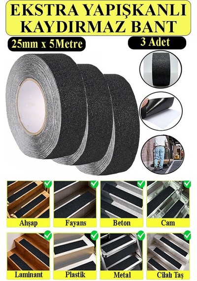 Merdiven Kaydırmaz Bant 25mm 3 Adet 5 Metre Zemin Kaymaz Band 2.5 Cm Yapışkanlı Basamak Mermer Beton Fayans Ayakkabı 3