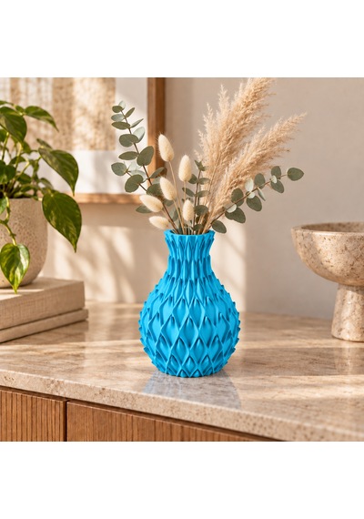 Yaprak Kabartmalı Dekoratif Vazo 20 Cm Kuru Çiçek Ve Pampas Vazosu Camgöbeği