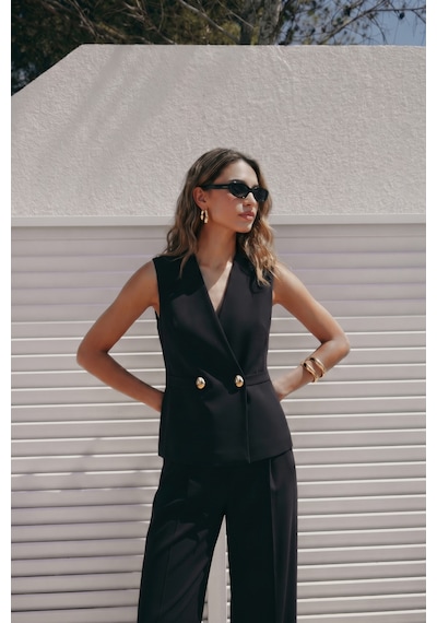 Sateen Sofia Düğme Detaylı Yelek - Siyah-137605