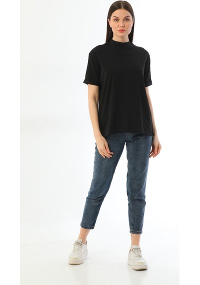 Kallima Siyah Dik Yaka Rahat Kalıp  Pamuk T-Shirt Siyah