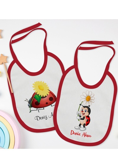 BK Kids Kişiye Özel Uğur Böceği Tasarımlı 2’li Kırmızı Mama Önlüğ Kırmızı