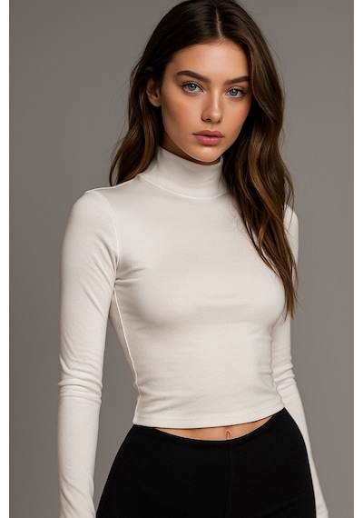 Rich Kadın Ekru Yarım Balıkçı Yaka Uzun Kollu Crop Bluz Ekru