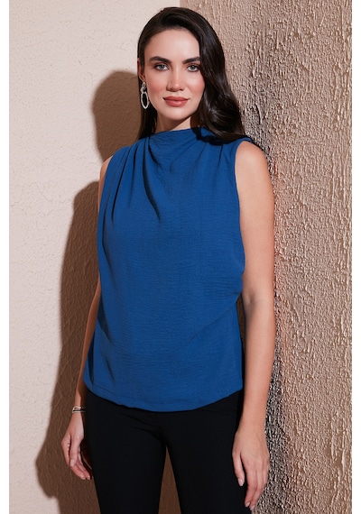 Lela Slim Fit Dik Yaka Omuz Büzgülü Bayan Bluz 6527836 Indigo
