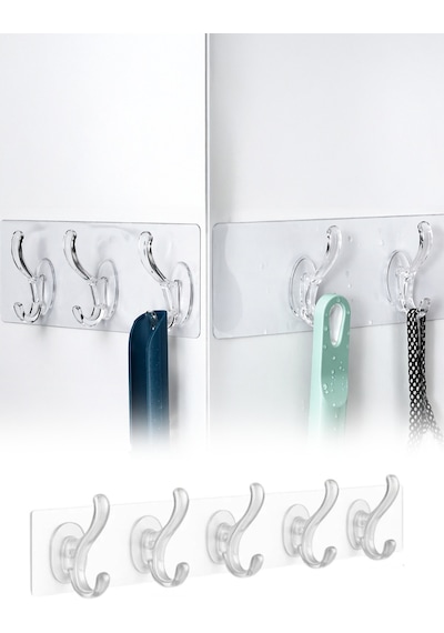 5 Kancalı Şeffaf Yapışkanlı Organizer Askı Mutfak Banyo Duvar Düzenleyici 35 cm