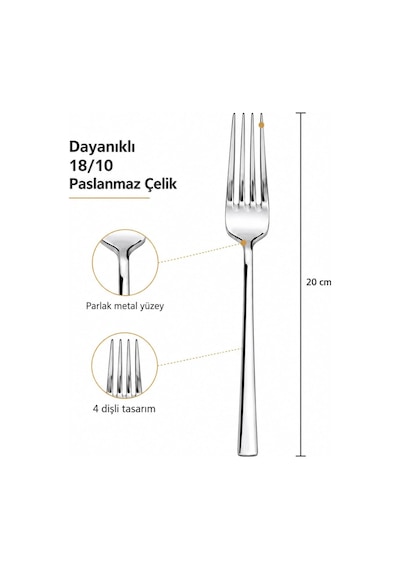 Yemek Çatalı, 6'li Premium Kalite Paslanmaz Çelik Çatal Set 20 Cm Çok Renkli