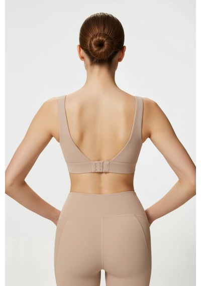 Yüksek Bel Toparlayıcı Tayt & V Sırt Destekli Spor Sütyeni - Sculpt Set Bej
