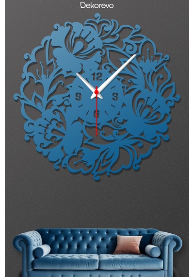 Çiçek Desenli Dekoratif Metal Duvar Saati - Mavi - 75 X 75 Cm