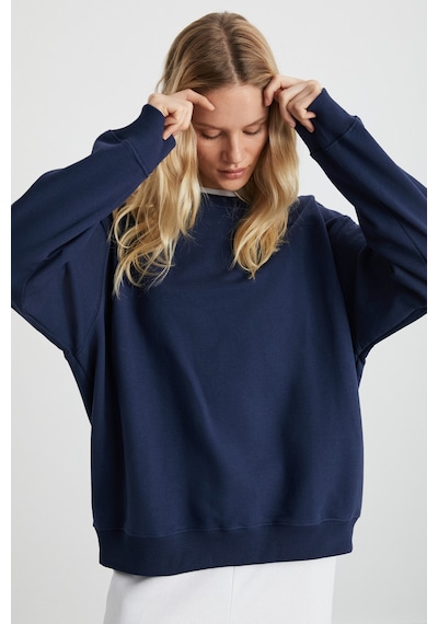 Grımelange Karıus  Kadın Organik Pamuklu Içi Polarlı Oversize Yuvarlak Yakalı Lacivert Sweatshirt