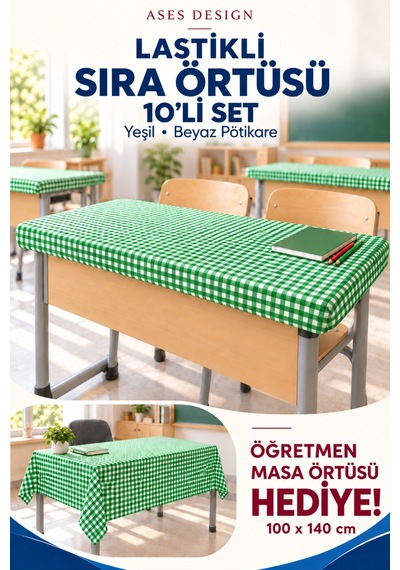 Yeşil Beyaz 10'li Lastikli Sıra Örtüsü, 100x140 Cm Öğretmen Masa Örtüsü Hediye
