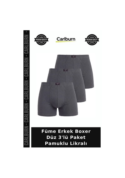 Carlburn Premium Füme Erkek Boxer Düz 3'lü Paket Pamuklu Likralı Esnek Yapı Günlük Kullanım Temel Giyim