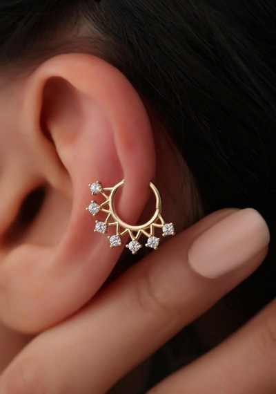 14 Ayar Altın 7 Taşlı Taç Piercing Sarı