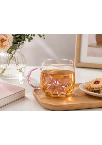3d Pembe Kristal Fiyonk Figürlü Şeffaf Cam Kupa Feminen Pembe Kulplu Dekoratif Bardak Açık