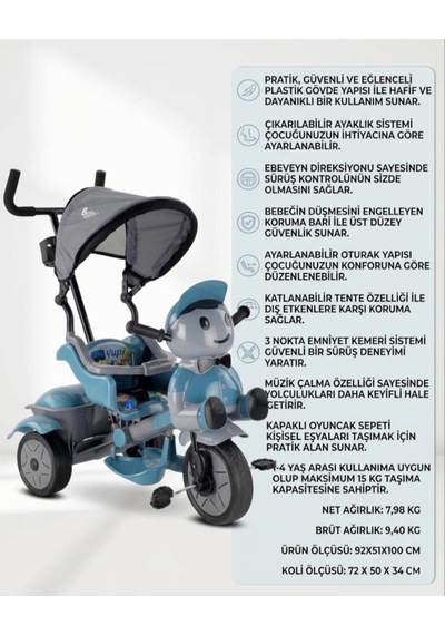 Babyhope Yupi Müzikli Tenteli Ebeveyn Kontrollü Üç Tekerlekli İtmeli Çocuk Bisiklet Petrol Mavisi