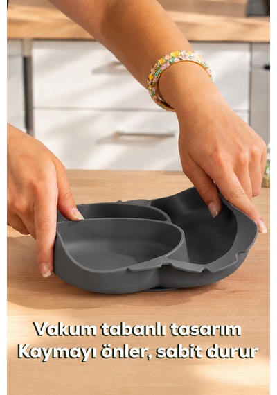 Porsima Mys34005 Silikon 3 Bölmeli Kaymaz Bebek Mama Tabağı Antrasit 14 21cm