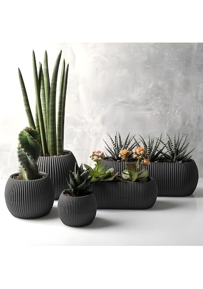 Mercan Saksı Set Dekoratif Drenajlı Çizgili Mat 5 Parça, Gri