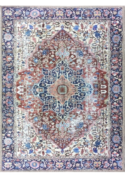 Lacivert Ve Kahverengi Madalyon Desenli Vintage Halı Kırmızı