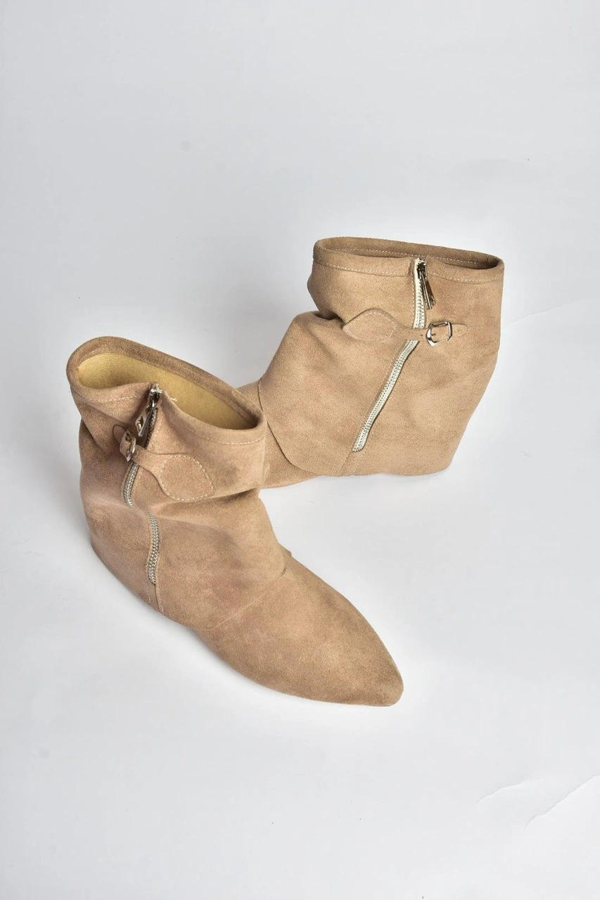 Fox Shoes V380518102 Vizon Süet Düz Taban Fermuar Detaylı Kadın Bot Vizon-Süet