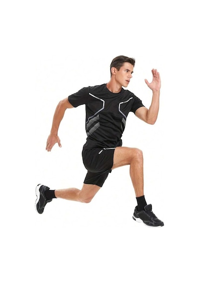 Genius Store Erkek Spor Tişört Antreman Gym Polyester Erkek Sporcu T-shirt Şeritli-tişört Siyah