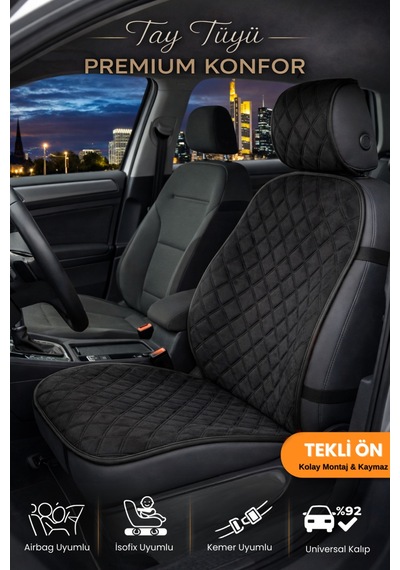 Oto Koltuk Kılıfı Tay Tüyü Tekli Ön Minder 4 Katmanlı Terletmez Airbag Uyumlu - Siyah