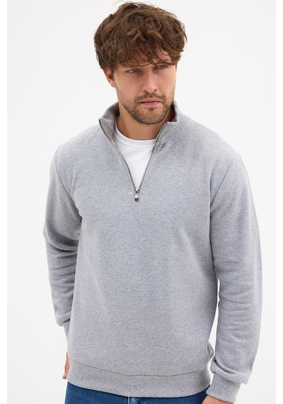 Mmetalic Erkek Gri Standart Fit Normal Kesim Pamuklu Yarım Fermuarlı Dik Yaka Pamuklu Sweatshirt Gri
