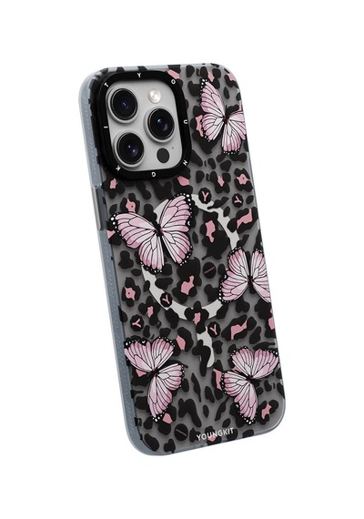 Apple Uyumlu iPhone 15 Pro Kılıf Magsafe Özellikli Kelebek Desenli Youngkit Shadow Dance Serisi Kapak Gri