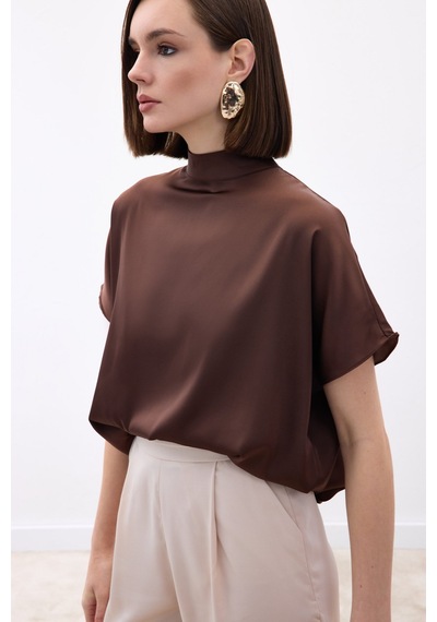 Sateen Yarasa Kol Salaş Bluz - Kahve-136538 kahve