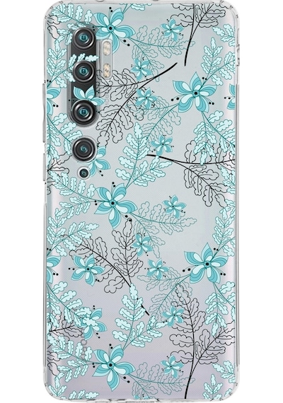 Xiaomi Mi Note 10 Pro Kamera Korumalı Kapak Floral Su Yeşili Tasarımlı Şeffaf Kılıf