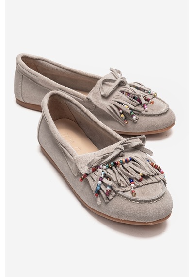 Luvishoes Evelyn Bej Süet Hakiki Deri Püsküllü Boncuklu Kadın Loafer Ayakkabı