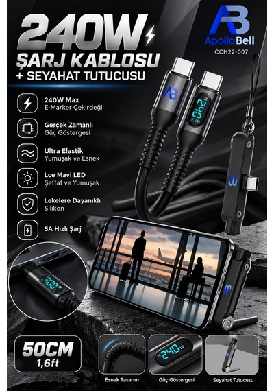 Apollobell Cch22-007 240w Şarj Kablosu + Seyahat Tutucusu