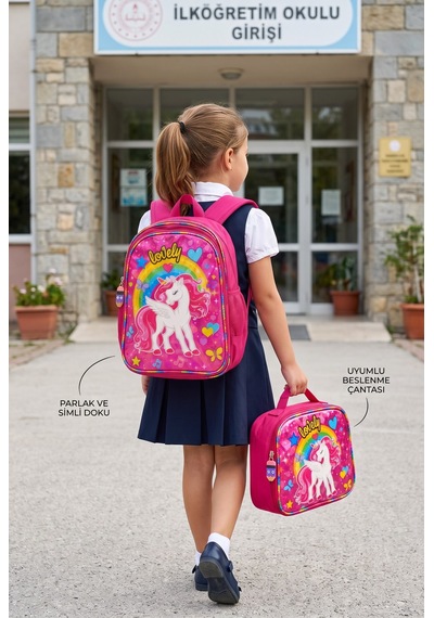 Unicorn İlkokul Okul Çantası Beslenme Çantası Sırt Çantası Simli 2'li Set 35 X 27 X 15 Cm Çok Renkli