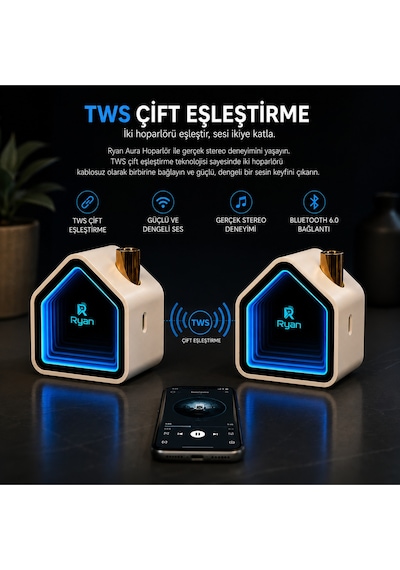 Aura Bluetooth Hoparlör Infinity Ayna Led Işıklı Tws Çift Eşleştirme Bluetooth 6.0 2000mah Şarjlı Taşınabilir Hoparlör Ry-neo1