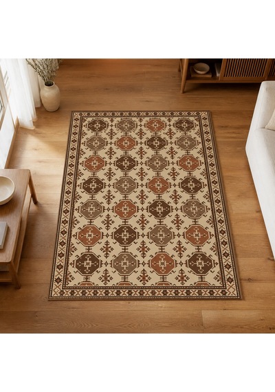 Kartela Halı Afgan Türkmen Desenli Otantik Halı Bej Kaymaz Taban Makinede Yıkanabilir 200x300 Cm