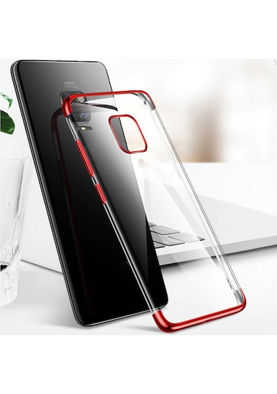 Xiaomi Redmi Note 9 Pro / 9s Köşeleri Renkli Kamera Korumalı Şeffaf Kılıf Kırmızı Şeffaf