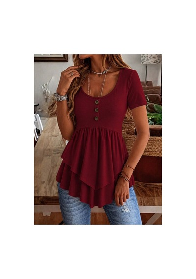 Butik İstanbul Kadın Kısa Kollu Yuvarlak Yakalı Düğmeli Önden Asimetrik Kesim Detaylı Viskon Bluz Bordo