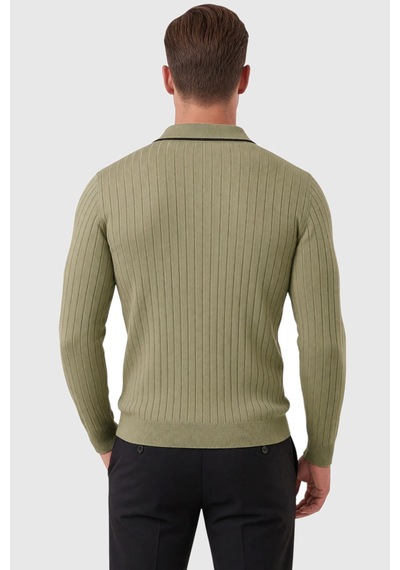 Deepsea Erkek Slim Fit Tüylenmeyen Çizgi Dokulu Haki Triko Kazak Fermuarlı Polo Yaka 2700401 Deepsea Erkek Slim Fit Tüylenmeyen Çizgi Dokulu Haki Triko Kazak Fermuarlı Polo Yaka 2700401