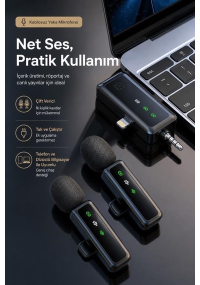 Özel Üretim Mobil Ses Video Aracı Kayıt Aleti Yaka Mikrofonu H68 Siyah 3ın1