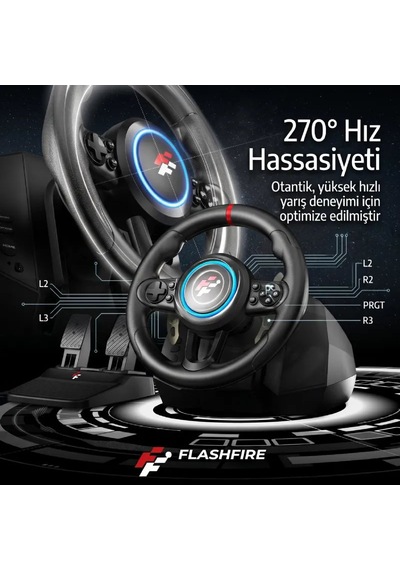 Flashfire F118 270 Titreşimli Yarış Direksiyon Seti Hall Sensör, Kulakçıklı Vites, 2 Pedallı Pc / Ps4 / Ps3 / Xbox Series X S / Switch Uyumlu