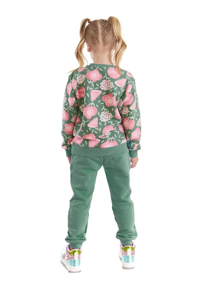 Denokids - Kız Çocuk Kışlık Çiçek Desenli Yeşil Uzun Kollu Eşofman Takımı 4-10 Yaş